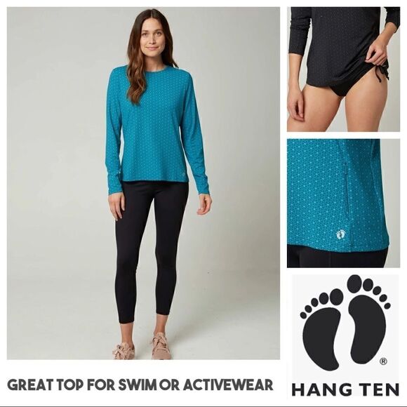 HANG TEN Ladies Long Sleeve Rash Guard Swim Shirt Zip Side Pocket and UPF 50+ - Picture 1 of 16